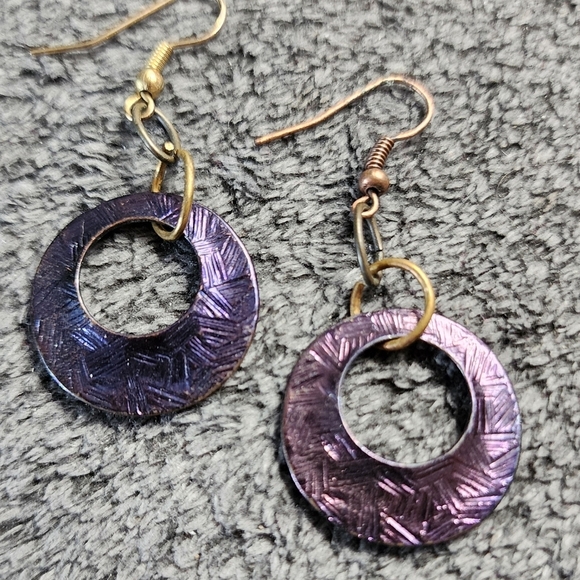 Iridescent Purple Hoop Earrings Textured Design - Picture 2 of 2
